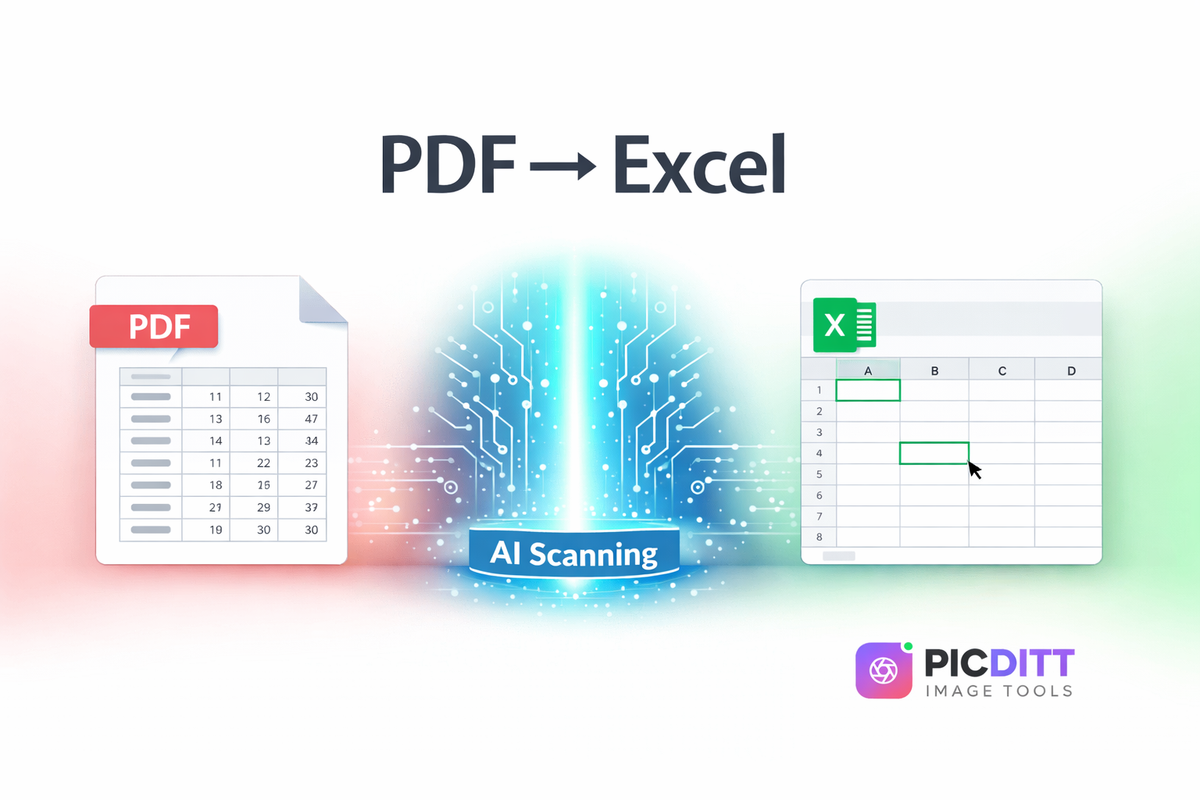 Illustration showing static PDF table being converted into an editable Microsoft Excel spreadsheet using smart data extraction 