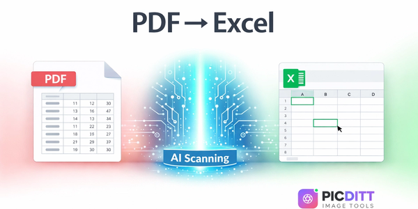 Illustration showing static PDF table being converted into an editable Microsoft Excel spreadsheet using smart data extraction