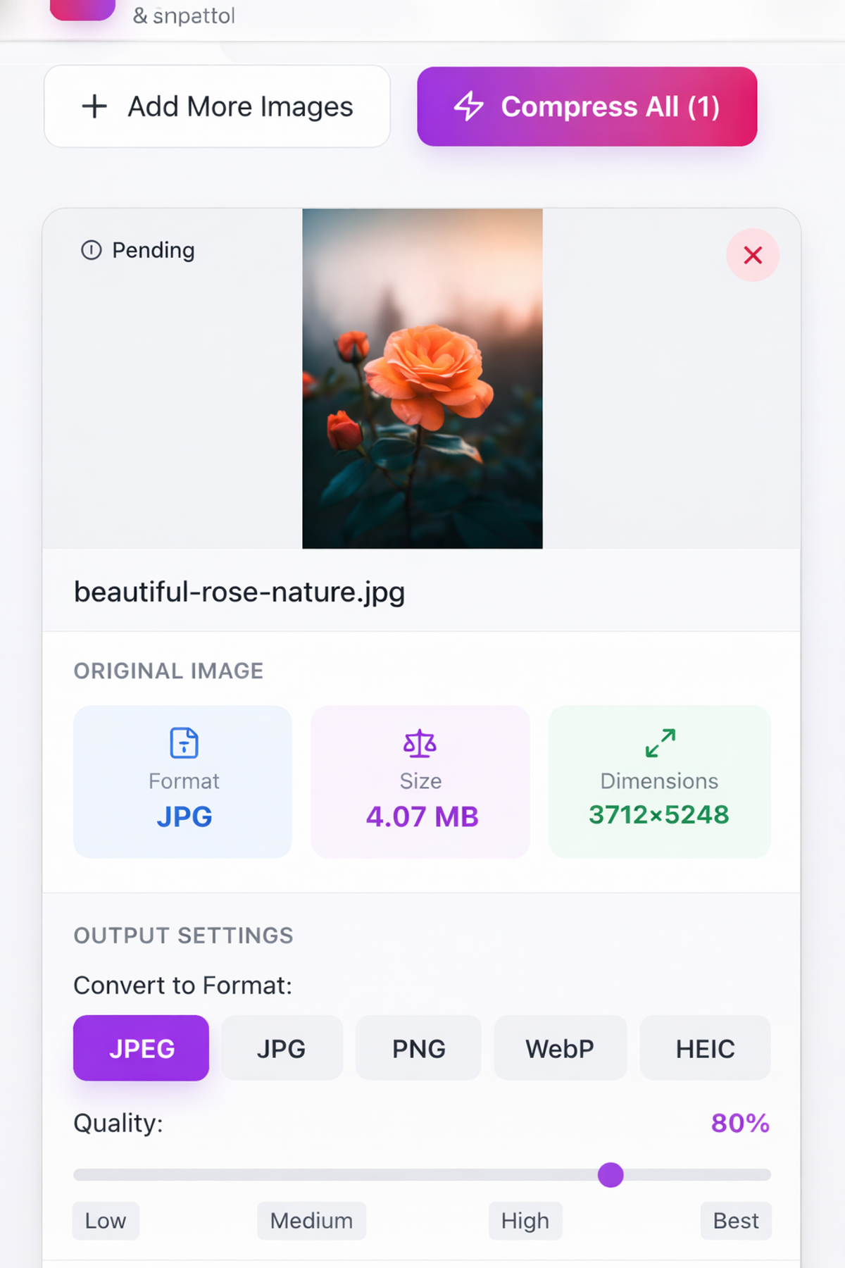 PicDitt image compressor upload area - drag and drop or click to select image