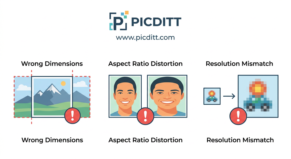 Three diagrams showing common profile picture problems: wrong dimensions, aspect ratio distortion, and resolution mismatch