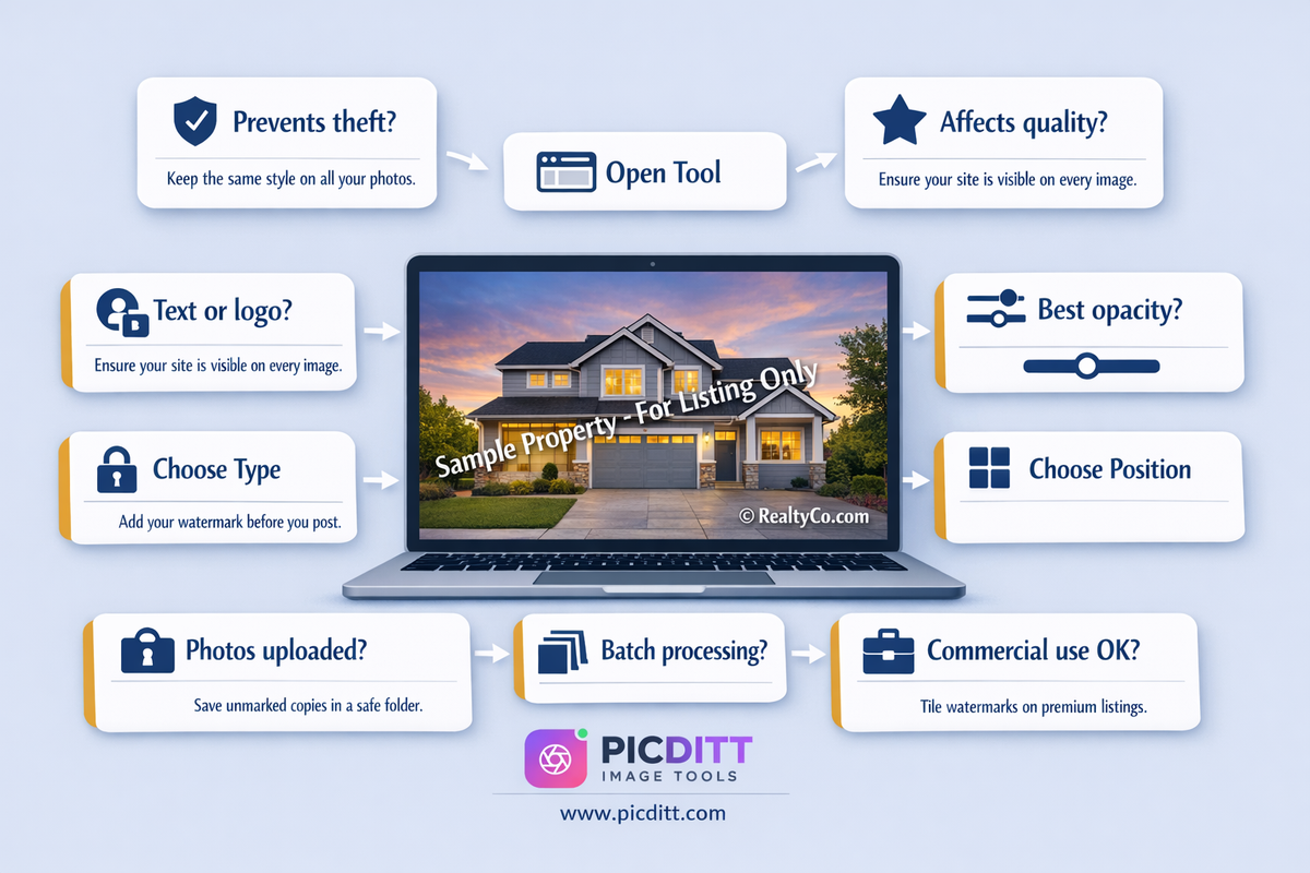 FAQ illustration showing a laptop with watermarked real estate photo surrounded by floating question cards about theft prevention quality opacity privacy and commercial use