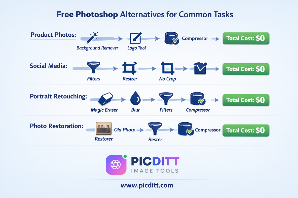 Four free image editing workflows replacing Adobe Photoshop for product photos social media content portrait retouching and old photo restoration with zero cost using browser tools