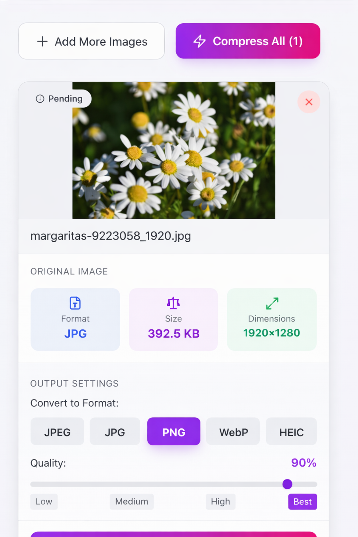 PicDitt image compressor compression settings showing quality slider and target size options