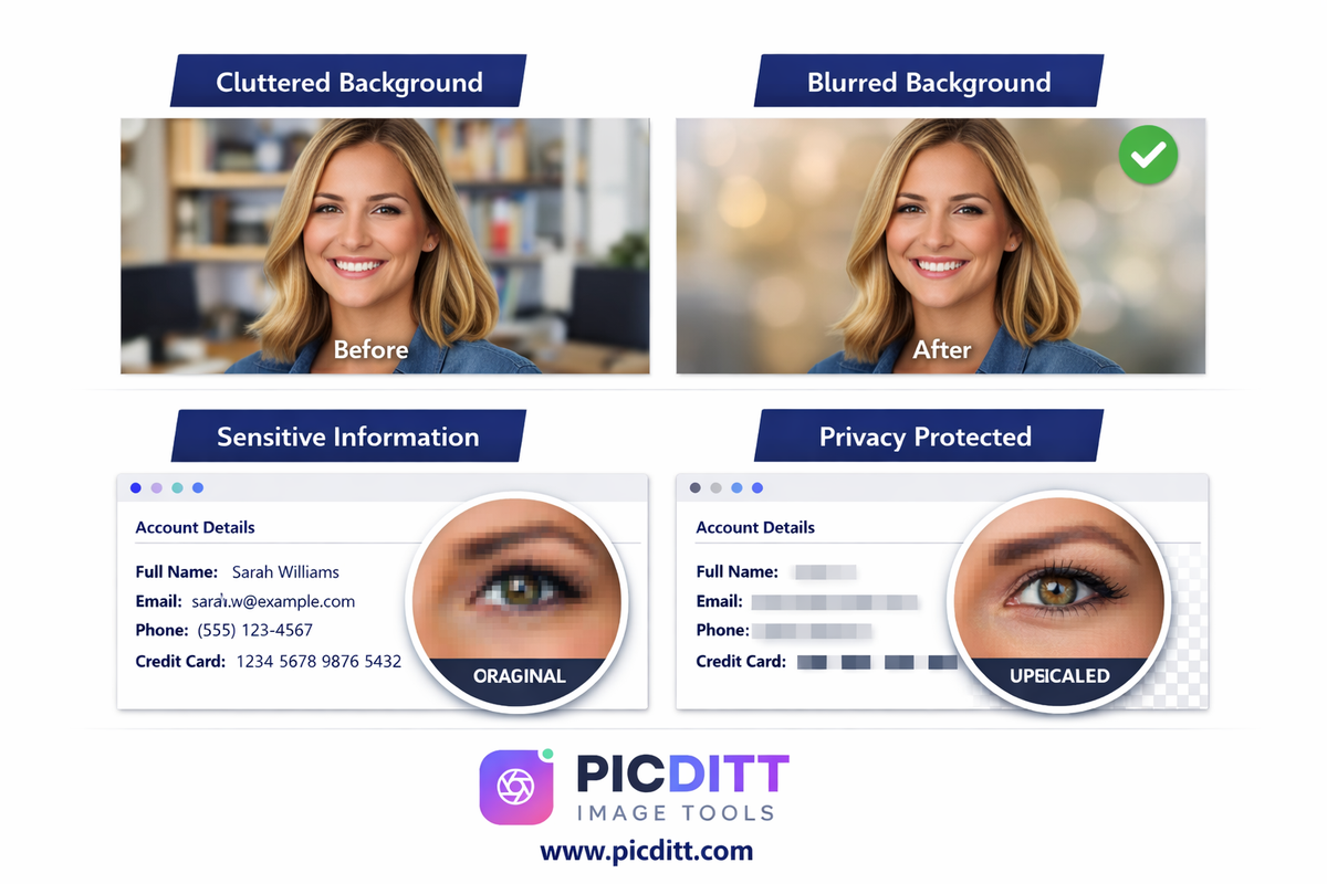 Two demonstrations of blur tool showing portrait with background blur creating professional bokeh effect and screenshot with sensitive information pixelated for privacy protection