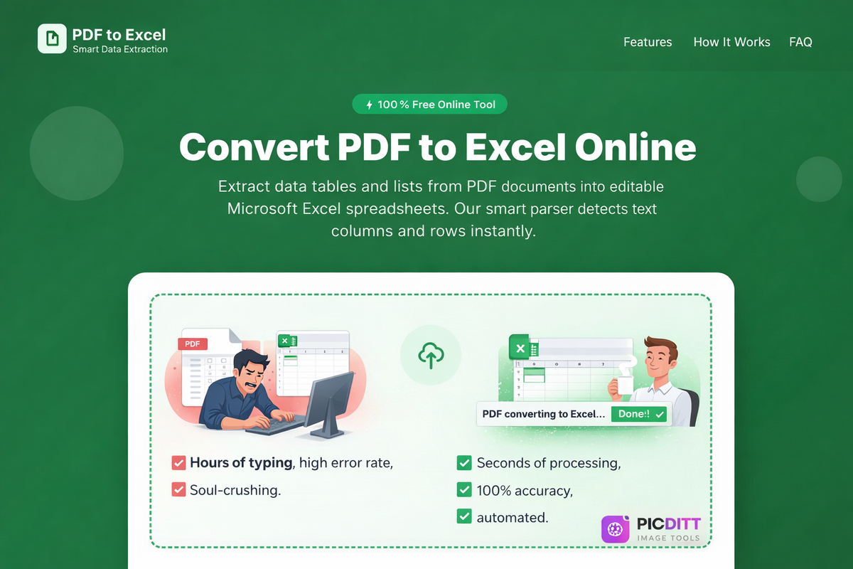 Picditt free online PDF to Excel converter tool interface showing drag and drop file upload area