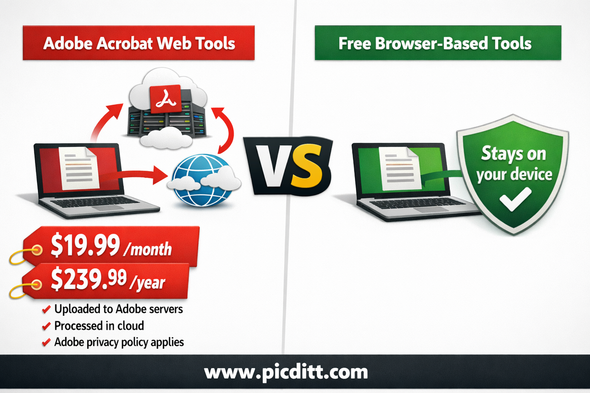 Privacy comparison showing Adobe Acrobat web tools uploading documents to remote servers versus free browser based PDF tools processing everything locally on the device