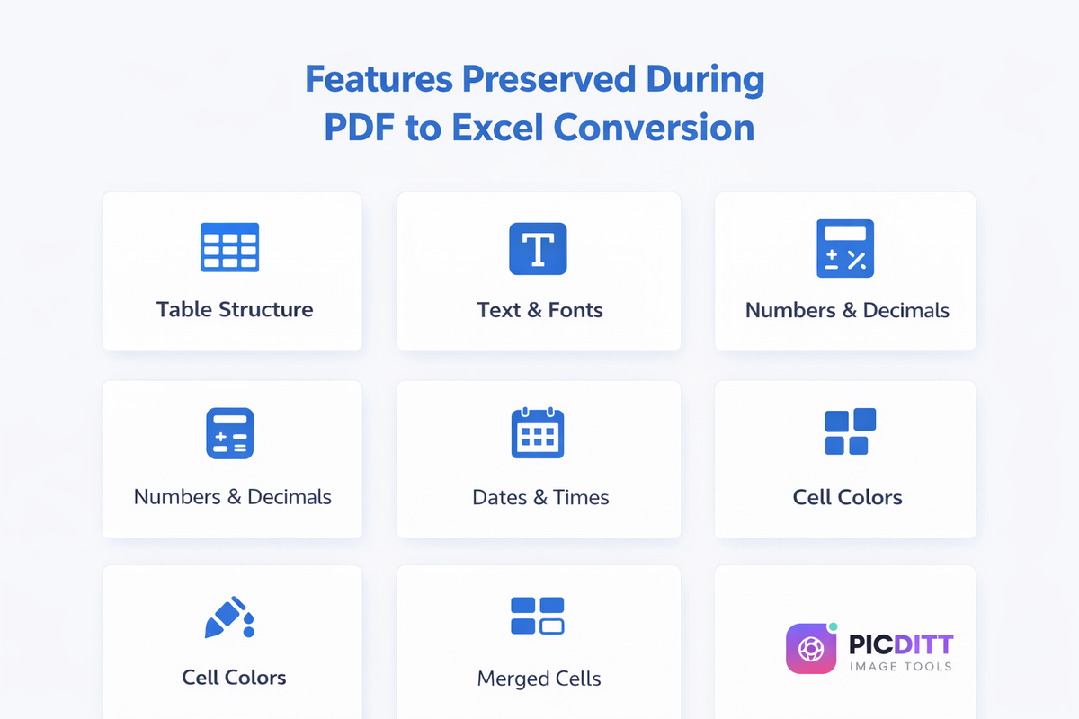 Infographic showing what formatting is preserved during PDF to Excel conversion including table structure fonts numbers dates cell colors and merged cells