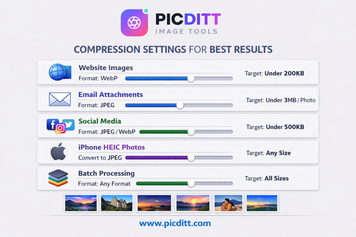 Five use case compression settings infographic showing recommended format quality and target file size for website images email attachments social media iPhone photos and batch processing