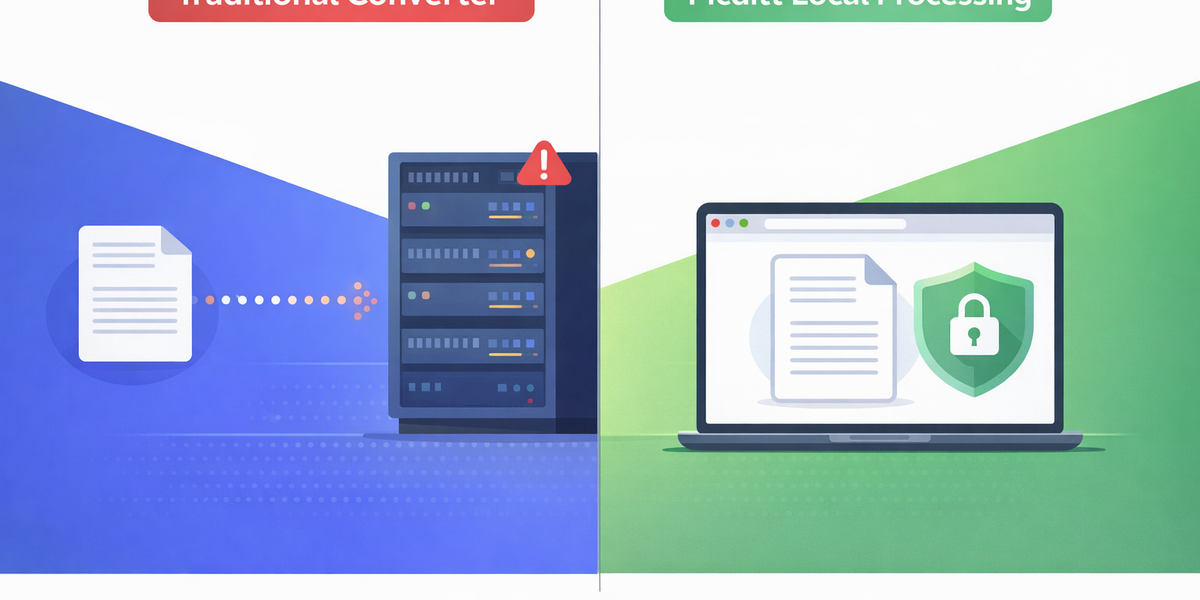 Split illustration showing a file being uploaded to a remote server versus the same file being processed locally in a browser with a privacy shield protecting it