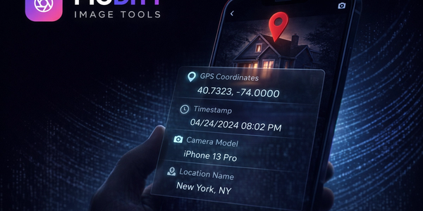 Smartphone camera displaying GPS location coordinates overlaid on a photo representing hidden EXIF metadata privacy risk