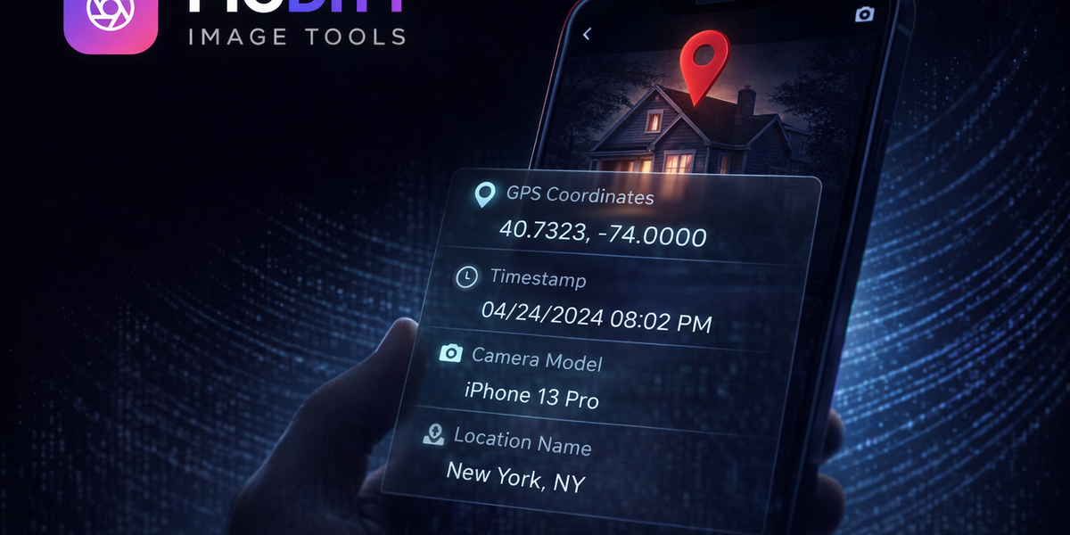 Smartphone camera displaying GPS location coordinates overlaid on a photo representing hidden EXIF metadata privacy risk