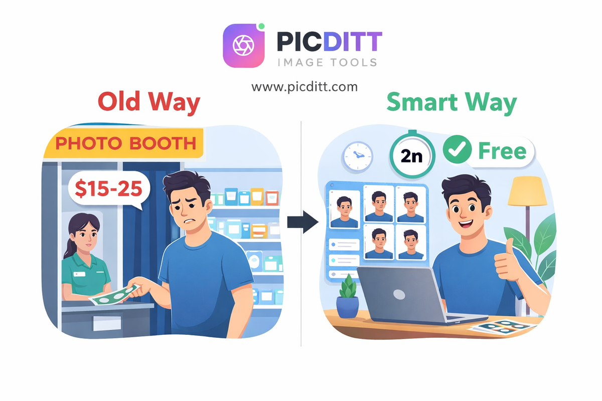 Comparison showing expensive pharmacy passport photo experience versus free at-home passport photo creation using online tool