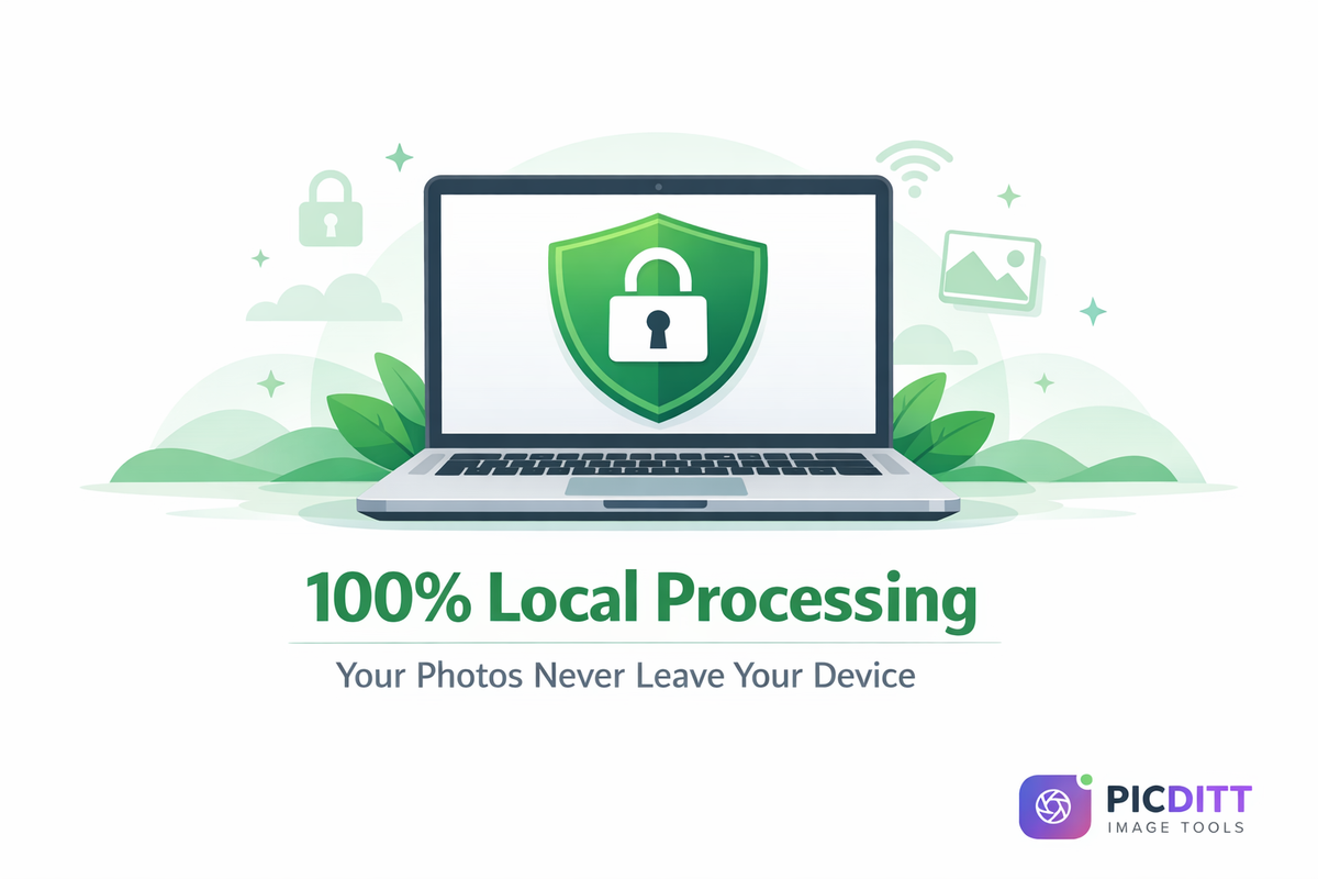 Security illustration showing that Picditt processes HEIC to JPG conversion locally in the browser for complete privacy
