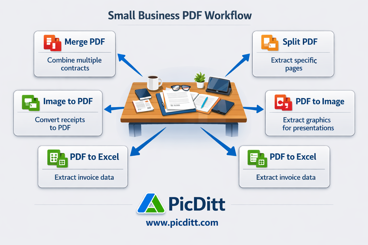 Small business PDF workflow infographic showing five free PDF tools for merging splitting converting and extracting data from PDF documents with business use cases