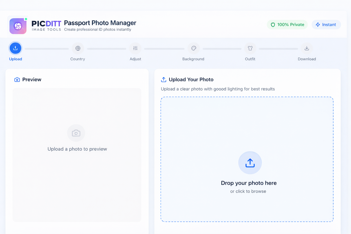 Picditt Passport Photo Maker upload screen showing private in-browser processing