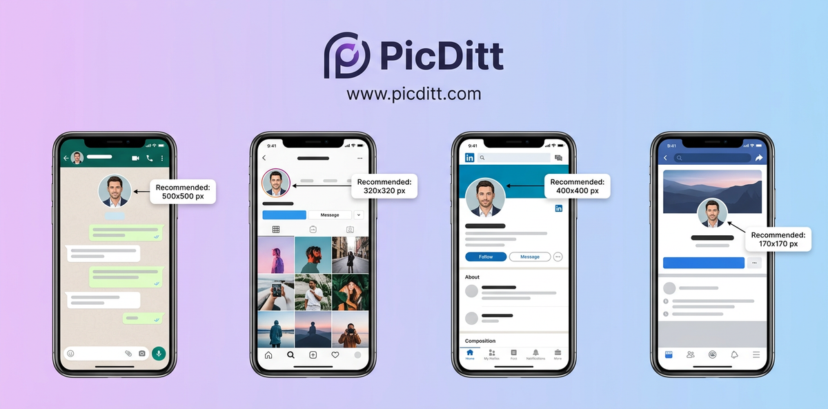 Four smartphone mockups showing correctly sized profile pictures on WhatsApp, Instagram, LinkedIn, and Facebook with dimension labels