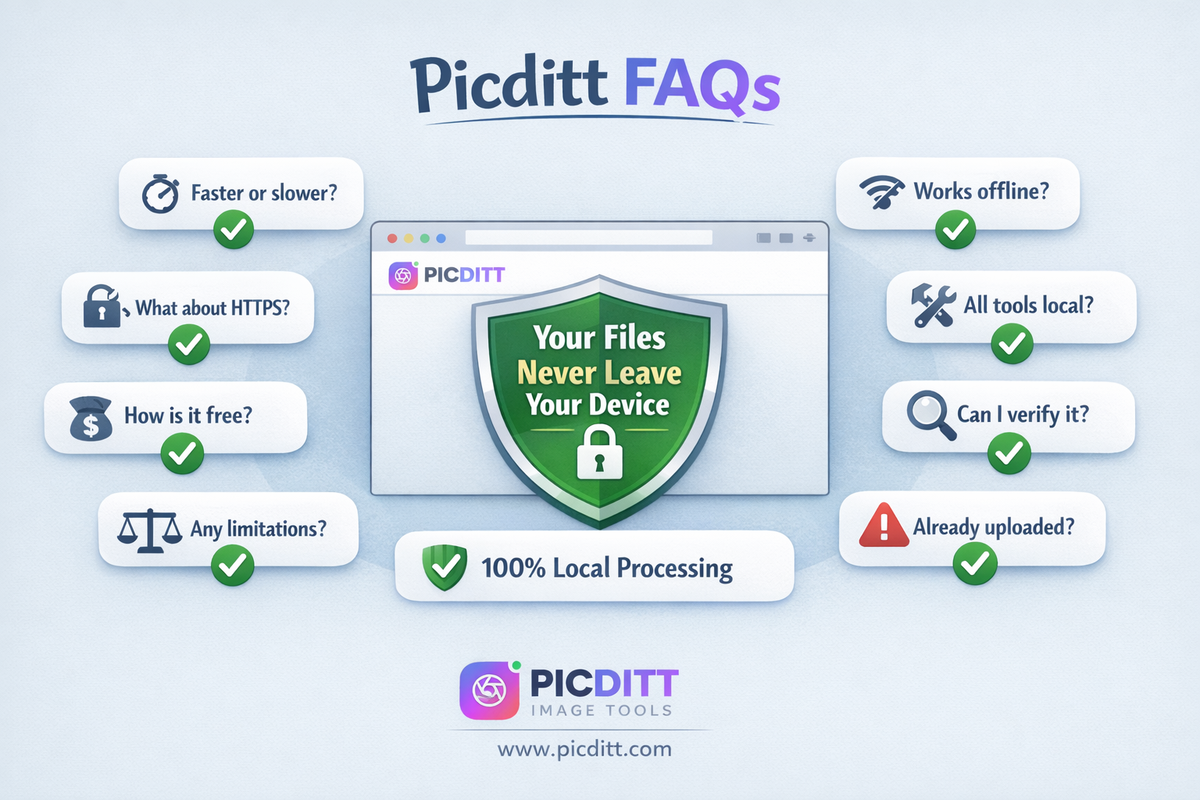 FAQ illustration showing a browser with privacy shield surrounded by floating question cards about local processing speed offline functionality verification HTTPS and free pricing