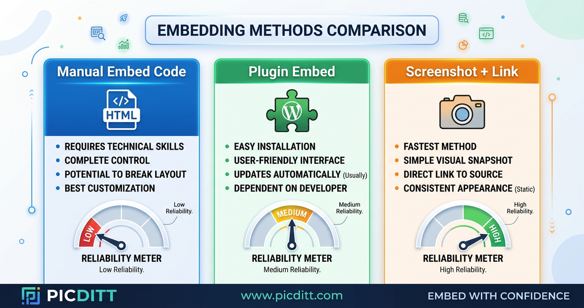 Comparison of three Instagram embedding methods showing reliability levels for each approach