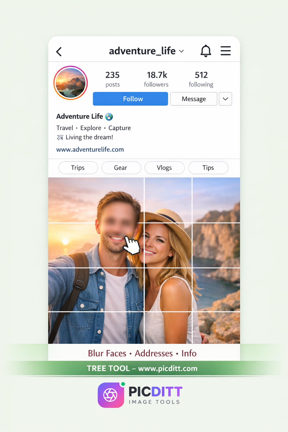 instagram profile 3x3 grid layout example showing one large image