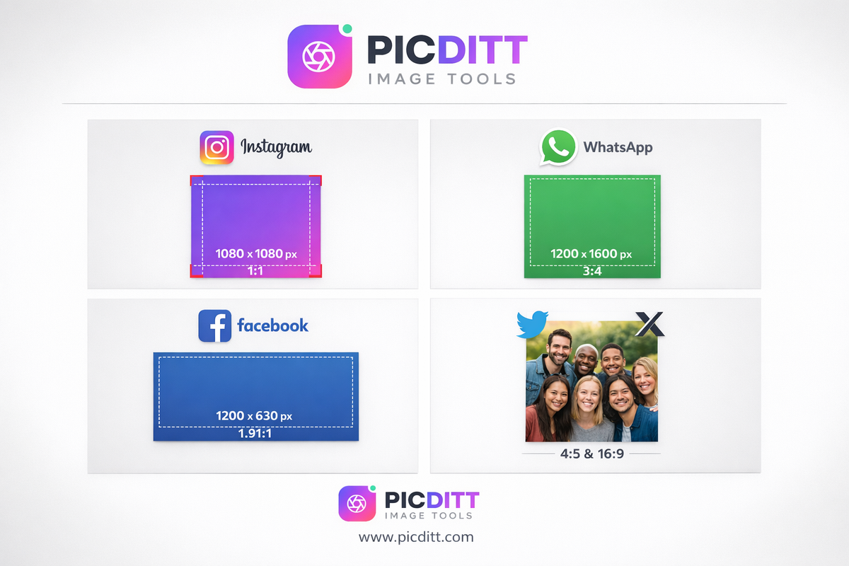 Infographic showing image format requirements for Instagram, WhatsApp, Facebook, and Twitter with aspect ratios and dimensions