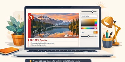 Brand logo and text watermark being added to a professional photo using a free online tool showing custom fonts colors and positioning options