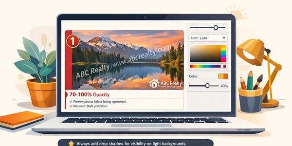 Brand logo and text watermark being added to a professional photo using a free online tool showing custom fonts colors and positioning options