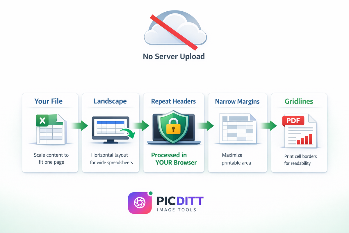 Security illustration showing Picditt Excel Print Fixer processes spreadsheet files locally in the browser without uploading to any server