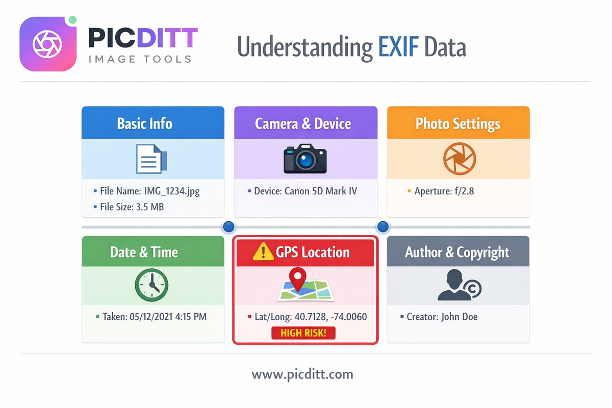 Infographic showing six categories of EXIF data including basic info, camera details, photo settings, timestamps, GPS location, and author information