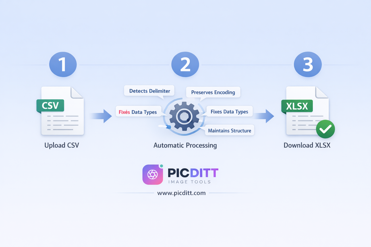 Three step flowchart showing CSV file upload automatic processing and XLSX download for the Picditt CSV to Excel converter