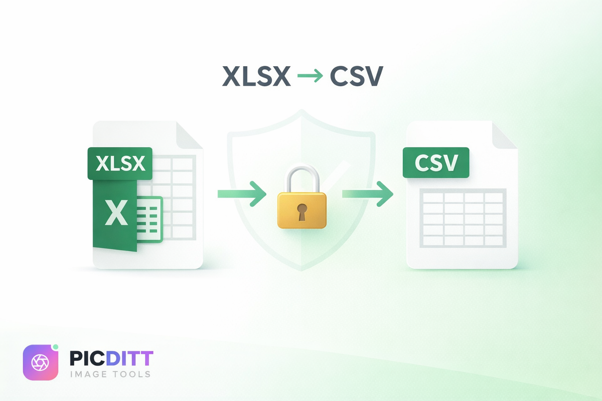 Secure Excel XLSX to CSV conversion illustration showing spreadsheet being converted to CSV format with privacy shield icon