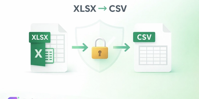 Secure Excel XLSX to CSV conversion illustration showing spreadsheet being converted to CSV format with privacy shield icon