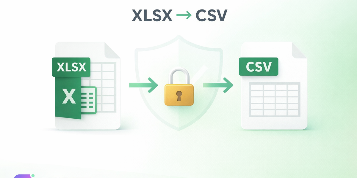 Secure Excel XLSX to CSV conversion illustration showing spreadsheet being converted to CSV format with privacy shield icon