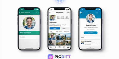 Smartphone screens showing correctly resized profile pictures on WhatsApp, Instagram, and LinkedIn using a free online zoom and resize tool
