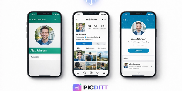 Smartphone screens showing correctly resized profile pictures on WhatsApp, Instagram, and LinkedIn using a free online zoom and resize tool
