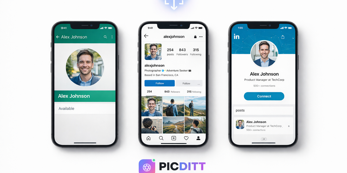 Smartphone screens showing correctly resized profile pictures on WhatsApp, Instagram, and LinkedIn using a free online zoom and resize tool