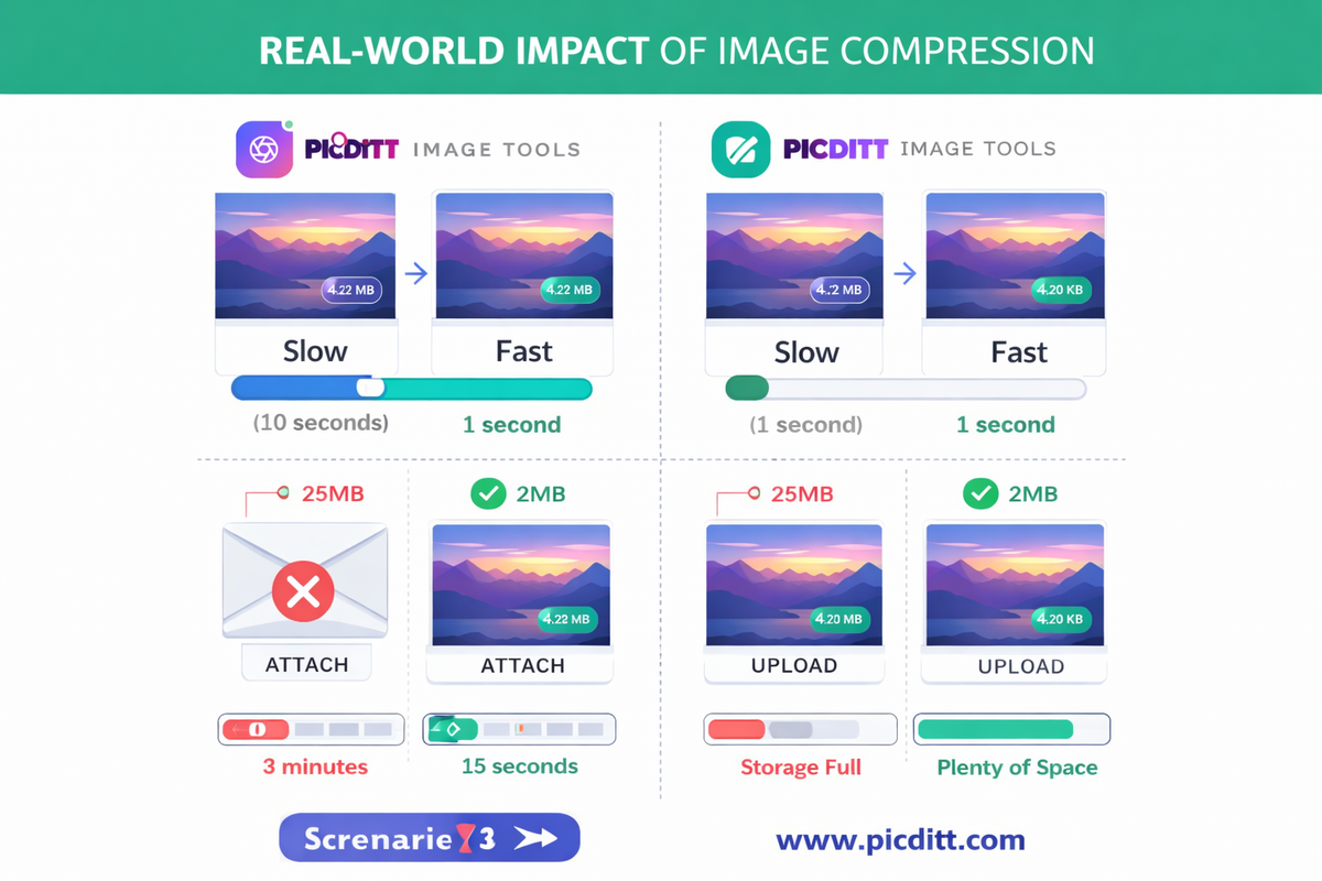 Four scenarios showing the real world impact of image compression including website loading speed email attachments social media upload time and device storage savings
