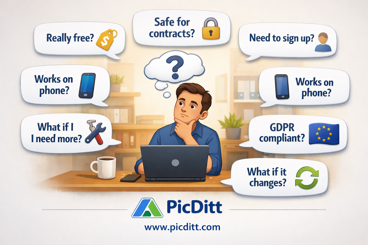FAQ illustration for small business owners showing questions about free tool costs safety for confidential documents signup requirements mobile support and GDPR compliance