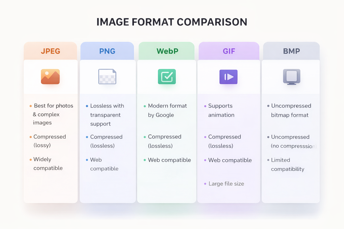 Image format comparison table showing JPEG PNG WebP GIF BMP with compression type and features