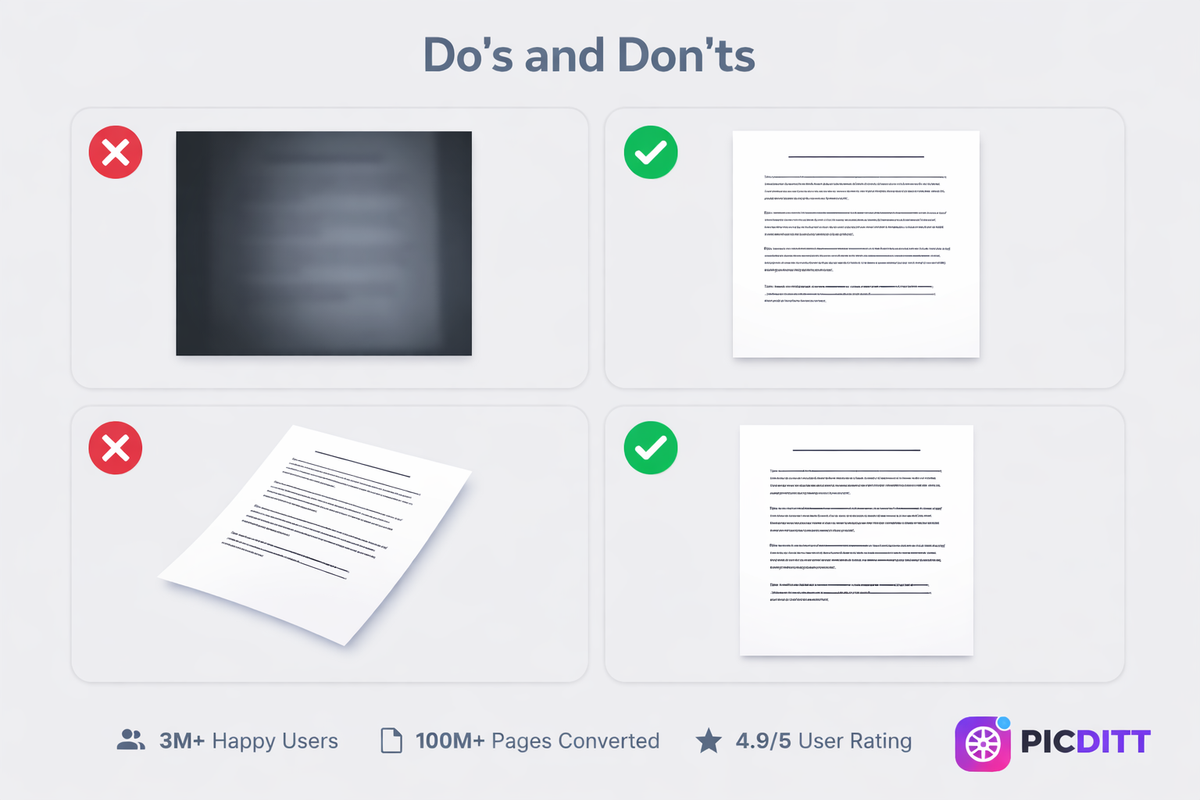 Visual guide showing how to properly photograph documents for OCR by using good lighting and shooting straight on