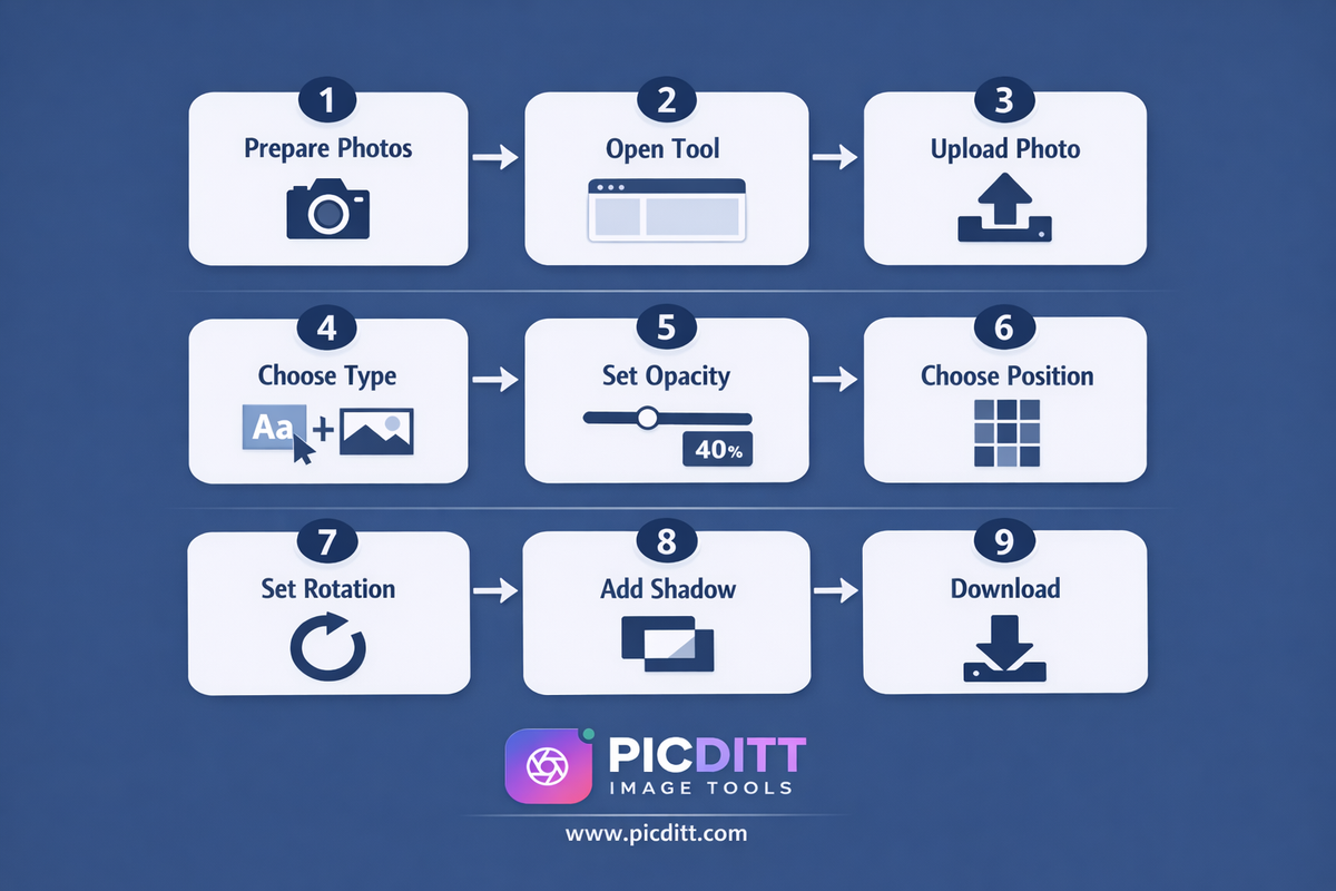 Nine step flowchart showing the complete process for watermarking real estate photos from preparation through uploading choosing settings and downloading