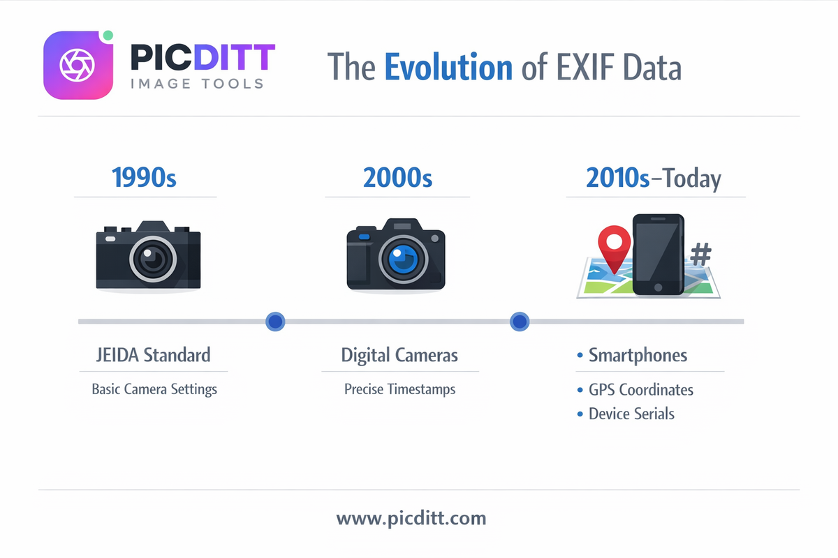 Timeline infographic showing the evolution of EXIF data from basic camera settings in the 1990s to GPS location tracking in modern smartphones