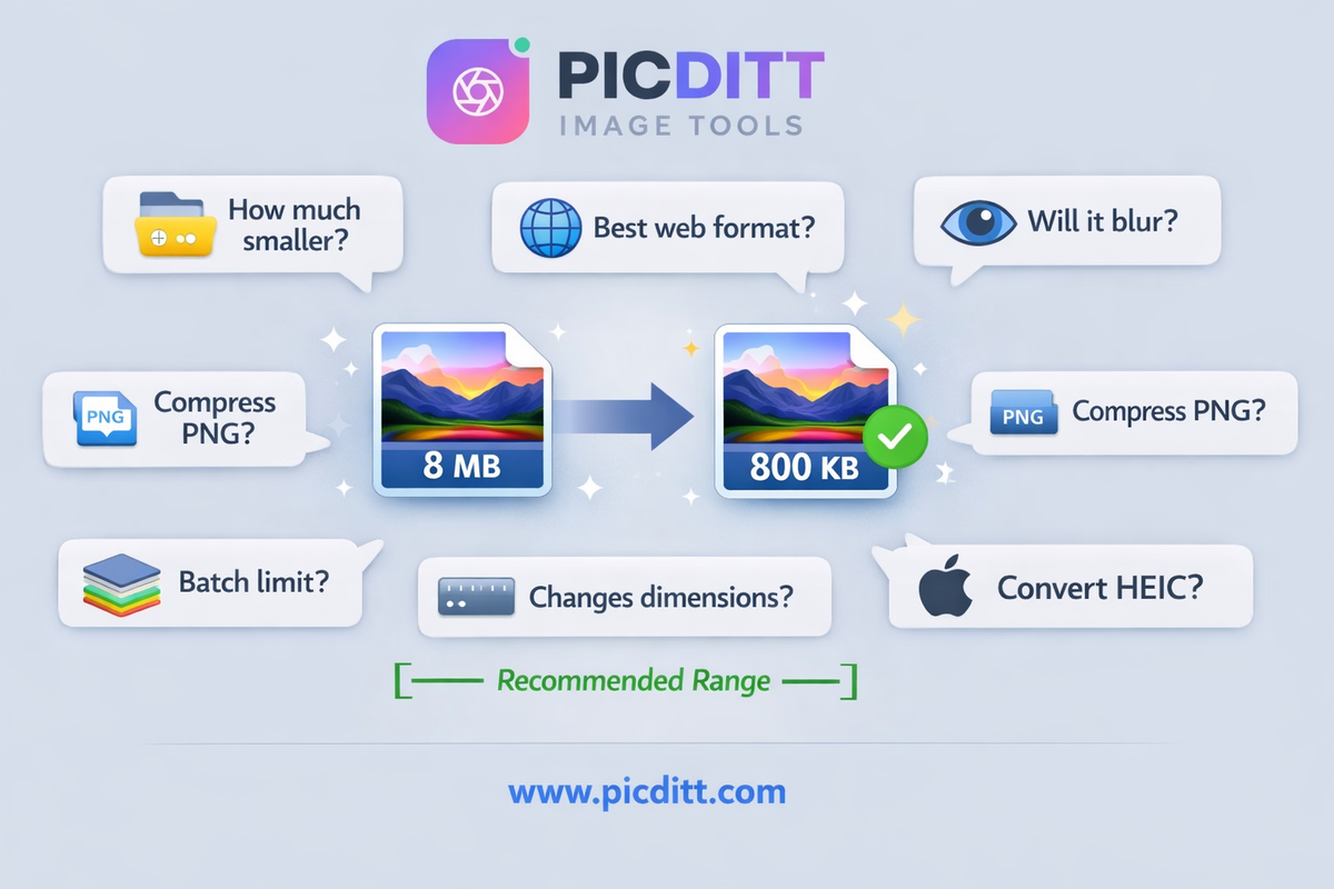 FAQ illustration showing image compression with floating question cards about size reduction web formats blurriness PNG compression dimensions HEIC conversion batch limits and privacy