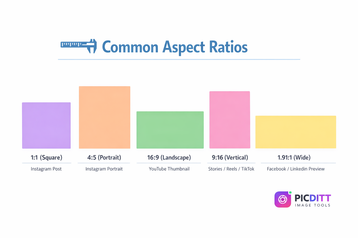 Visual comparison of five common image aspect ratios 1x1 square 4x5 portrait 16x9 landscape 9x16 vertical and 1.91x1 wide with social media use cases 