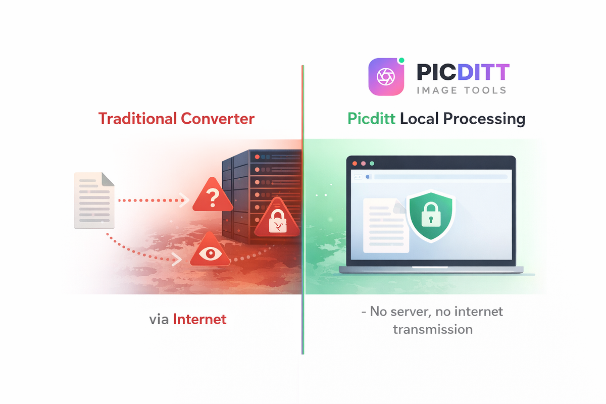 Illustration showing a file traveling from a user's laptop across the internet to remote servers with privacy warning icons along the path