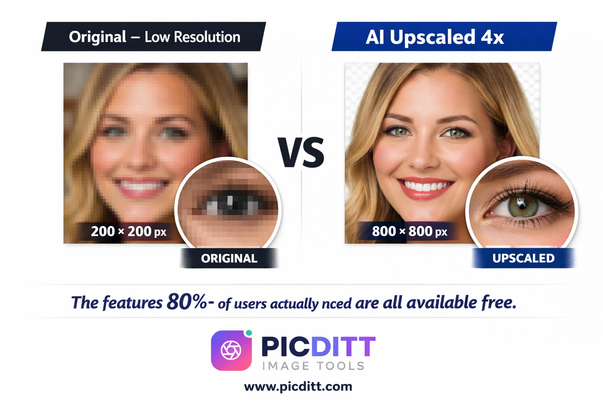 AI image upscaling comparison showing a low resolution blurry portrait photo versus the same photo upscaled 4x with sharp details and enhanced clarity using AI technology