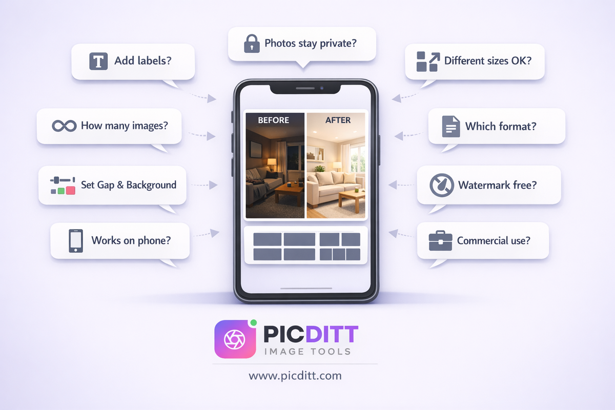 FAQ illustration showing a smartphone with before and after room renovation comparison surrounded by floating question cards about labels privacy size limits formats and commercial use