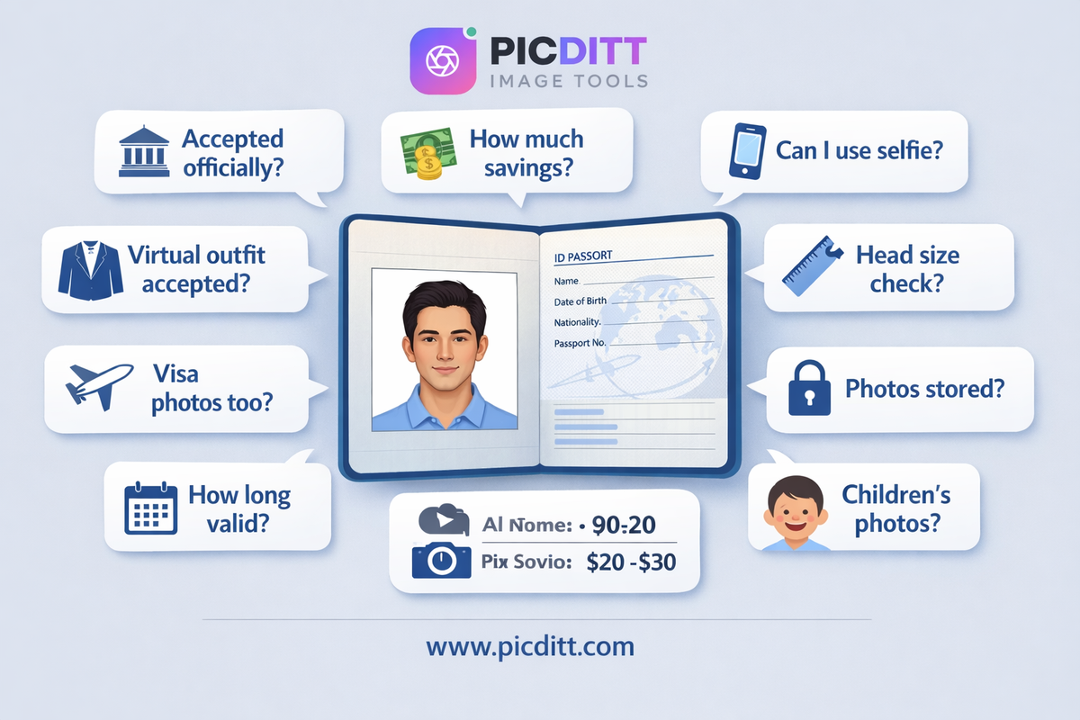 FAQ illustration showing a passport with formatted photo surrounded by floating question cards about acceptance savings selfies virtual outfits head size visa photos storage validity and children