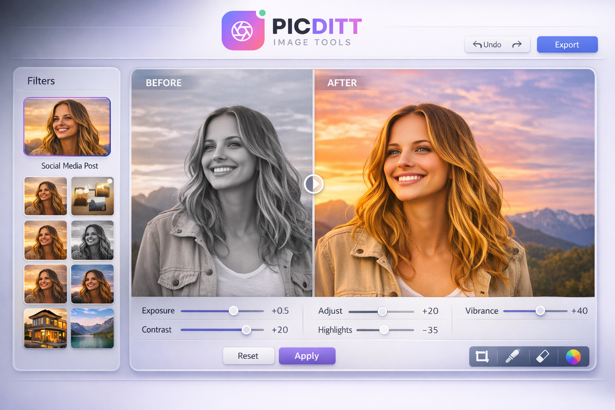 Advanced image editing tools with sliders and comparison features