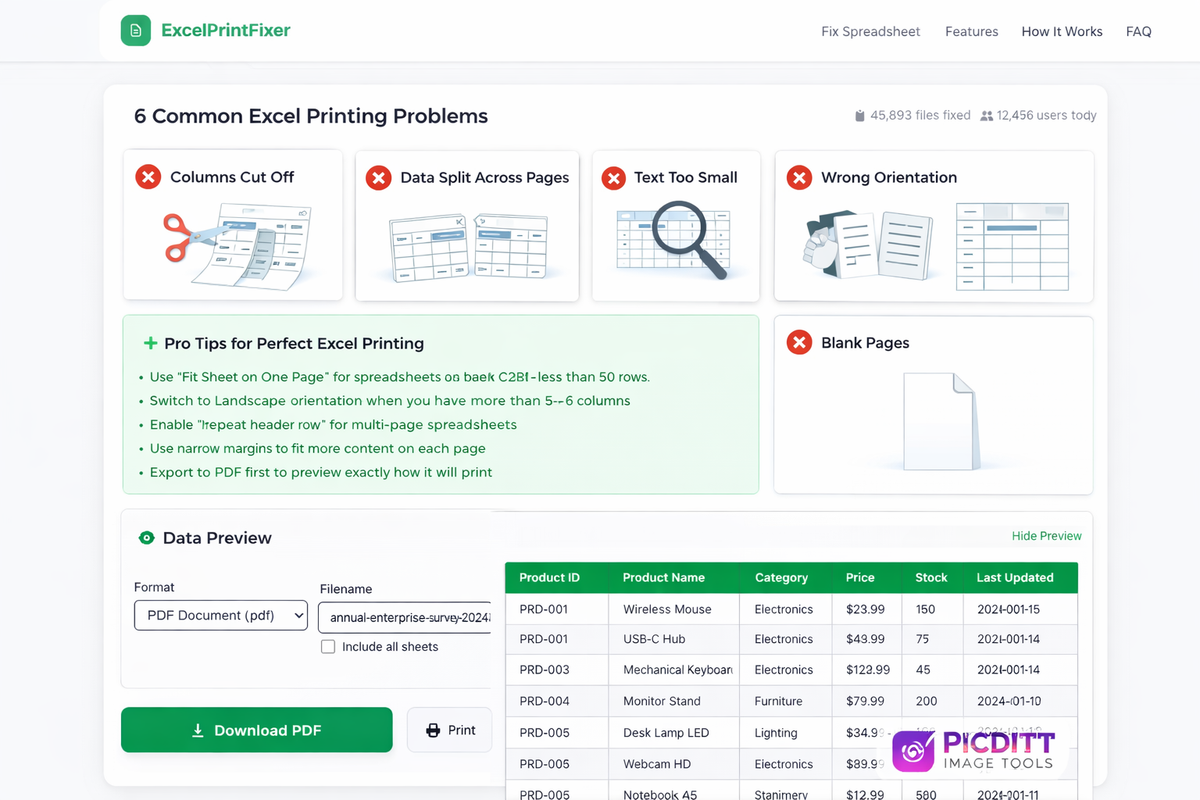 Picditt Excel Print Fixer showing auto-fix results with optimized print settings and live preview of formatted spreadsheet