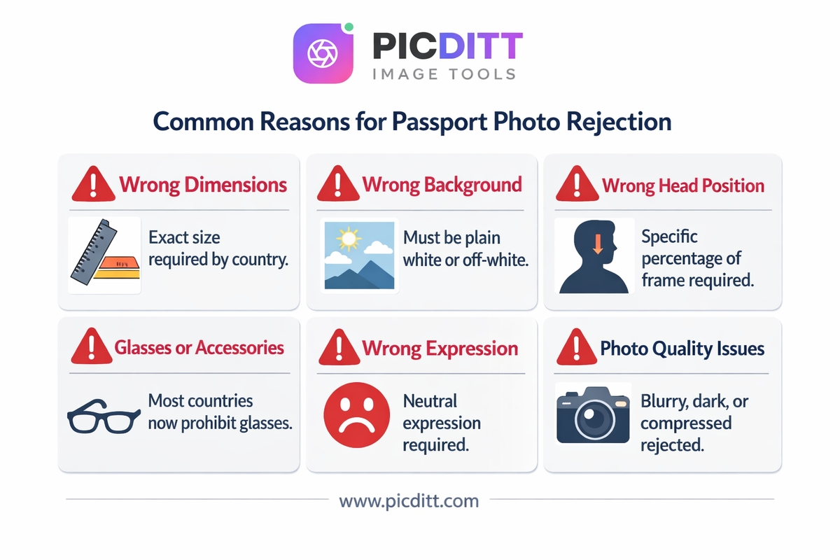 Six common passport photo rejection reasons including wrong dimensions background head position accessories expression and photo quality issues